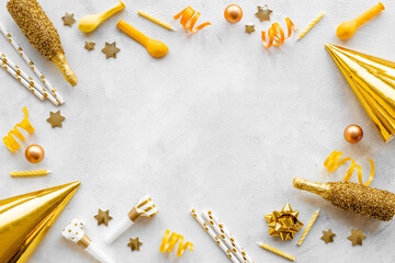 Golden Christmas or New Year eve decor flat lay