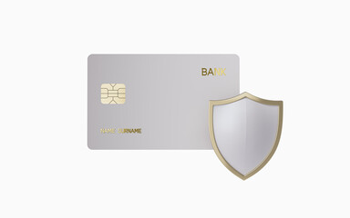 Bank card and shield with white background, 3d rendering.