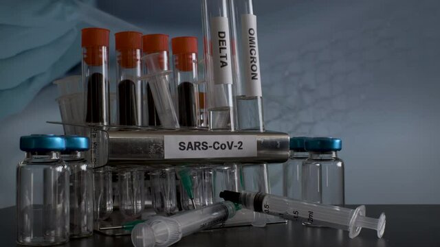 Test tubes labelled with variants of Covid 19 are being removed from the rack in the laboratory.