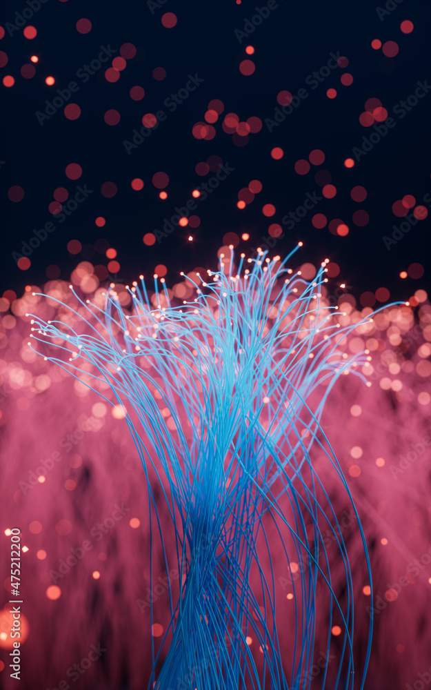 Poster glowing particles and lines with black background, 3d rendering.