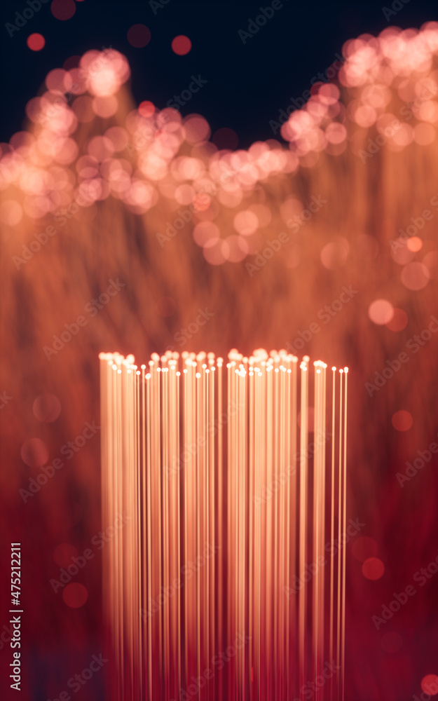 Poster glowing particles and lines with black background, 3d rendering.