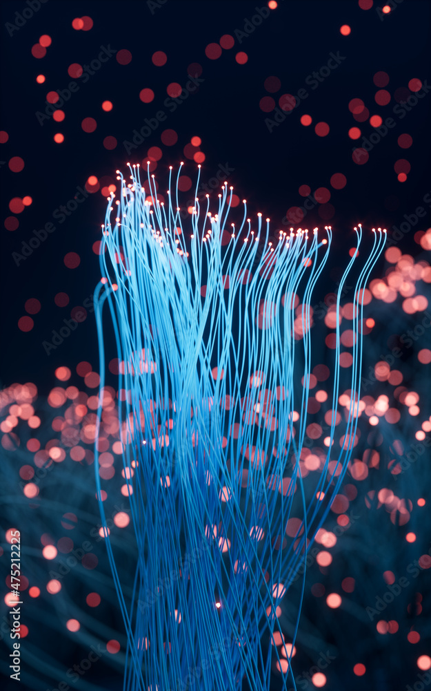 Poster glowing particles and lines with black background, 3d rendering.