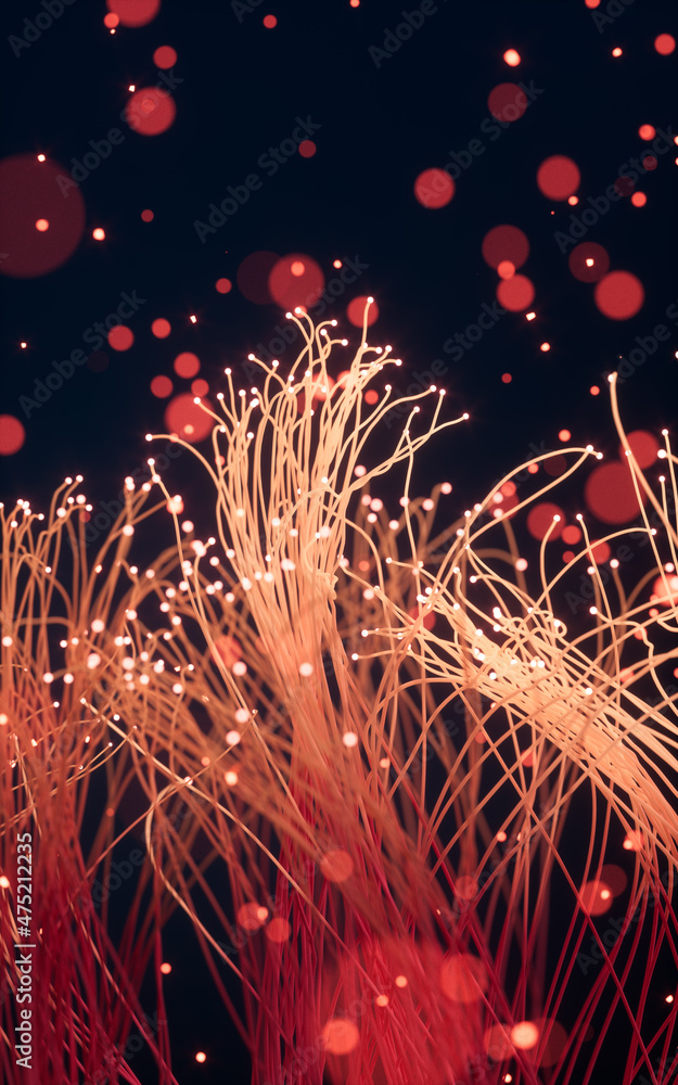 Poster glowing particles and lines with black background, 3d rendering.