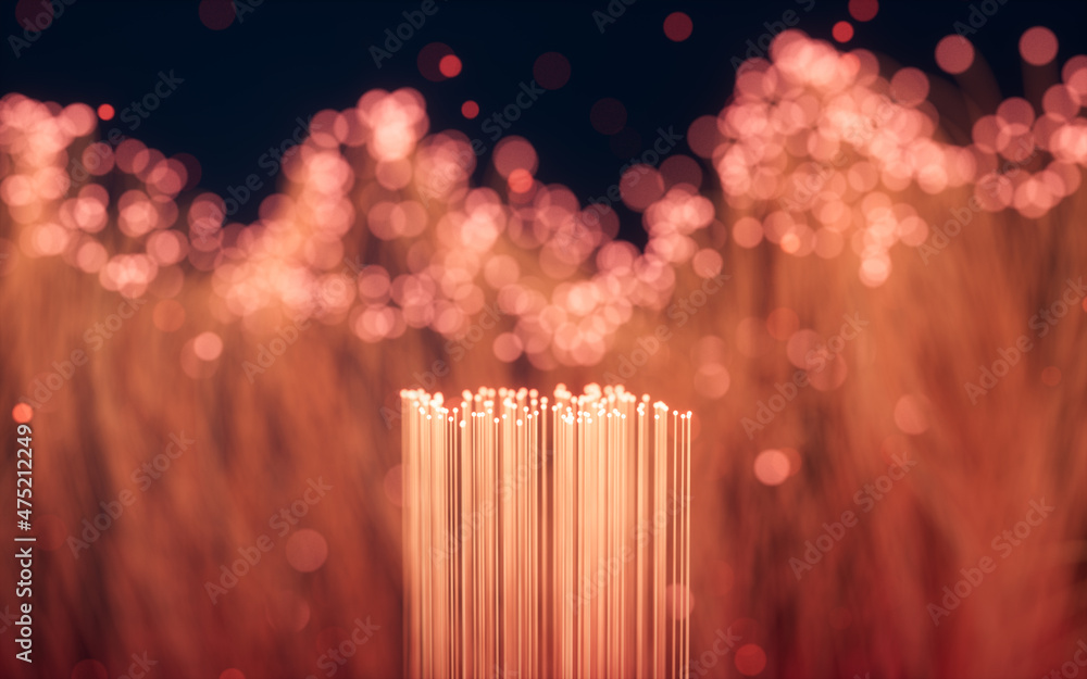 Poster glowing particles and lines with black background, 3d rendering.