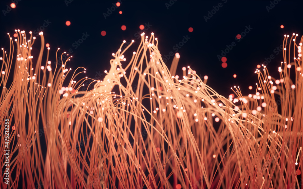 Poster glowing particles and lines with black background, 3d rendering.