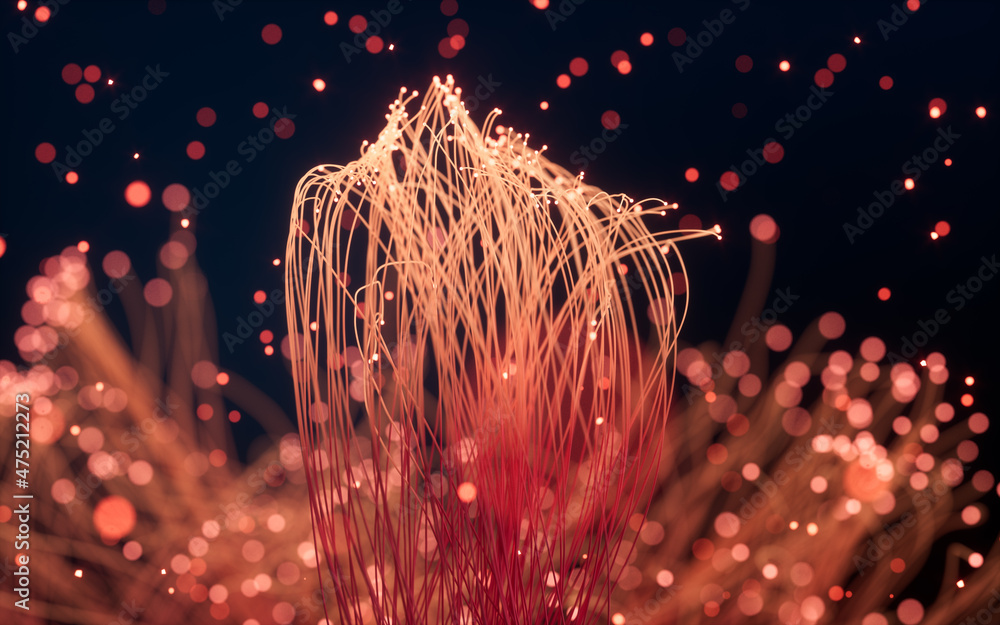 Poster glowing particles and lines with black background, 3d rendering.
