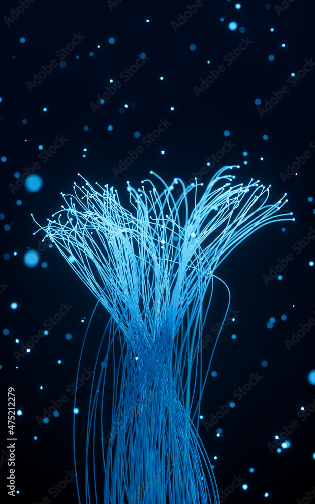 Poster glowing particles and lines with black background, 3d rendering.