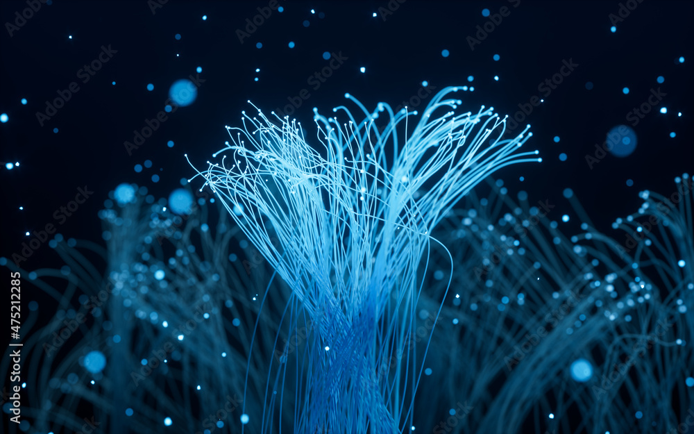 Poster glowing particles and lines with black background, 3d rendering.