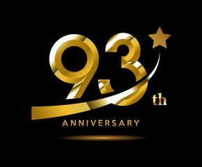 Golden 93 year anniversary celebration logo design with star symbol - obrazy, fototapety, plakaty