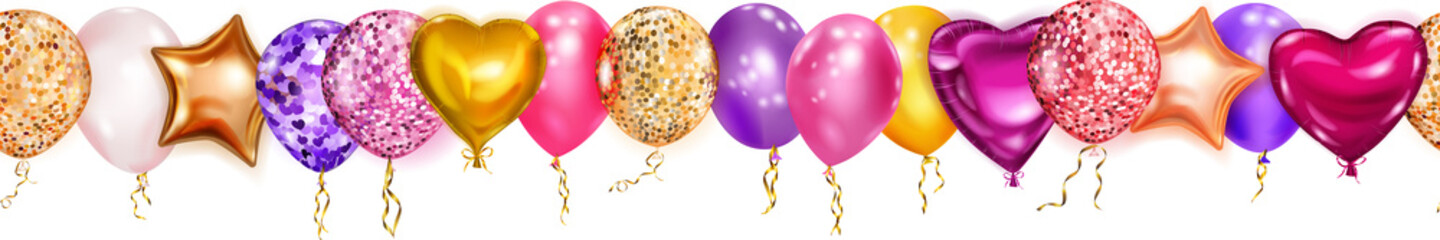 Banner with flying colored helium balloons in various shapes and colors with seamless horizontal repetition on white background © Olga Moonlight