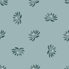 Seamless pattern with hand drawing lotus on blue background. Vector floral template in doodle style. Gentle summer botanical texture.