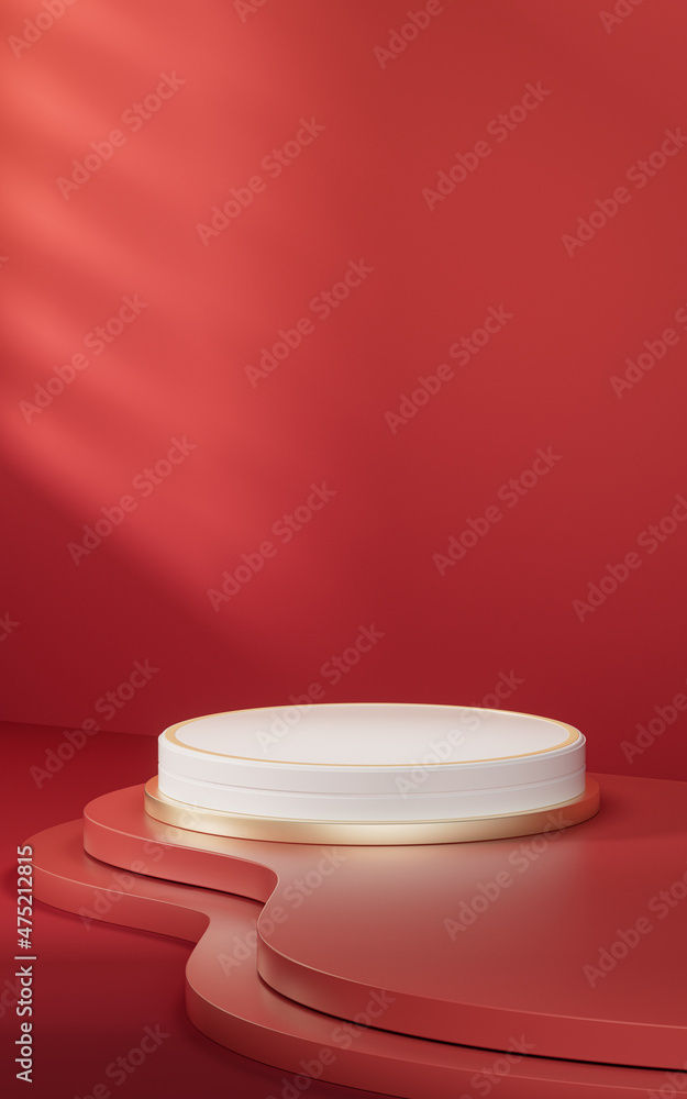 Poster empty stage with red chinese style background, 3d rendering.