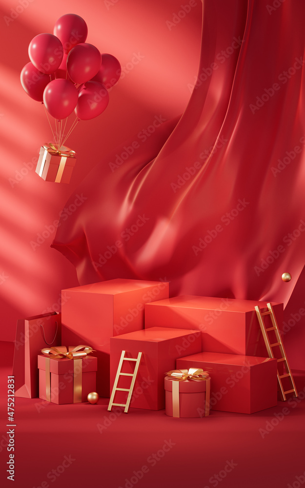 Poster empty stage with red chinese style background, 3d rendering.