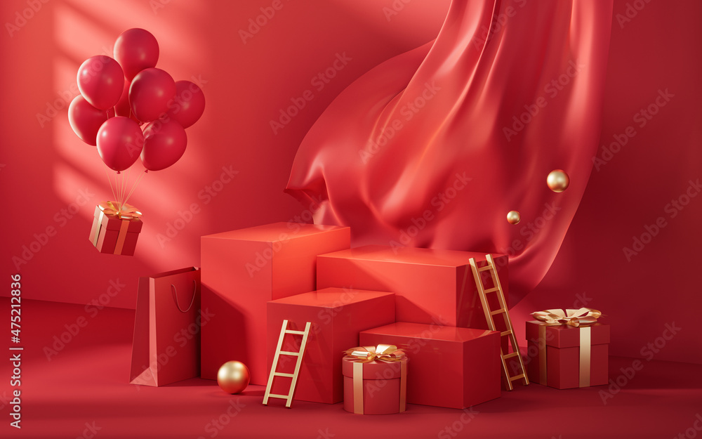 Poster empty stage with red chinese style background, 3d rendering.