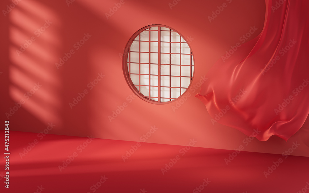 Poster empty room with chinese style background, 3d rendering.