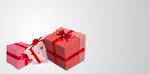 Vector illustration for Valentine's Day with several red, pink and white gift boxes with ribbons, bows and pattern of hearts, on light background