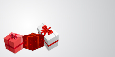 Vector illustration for Valentine's Day with several red, pink and white gift boxes with ribbons, bows and pattern of hearts, on light background