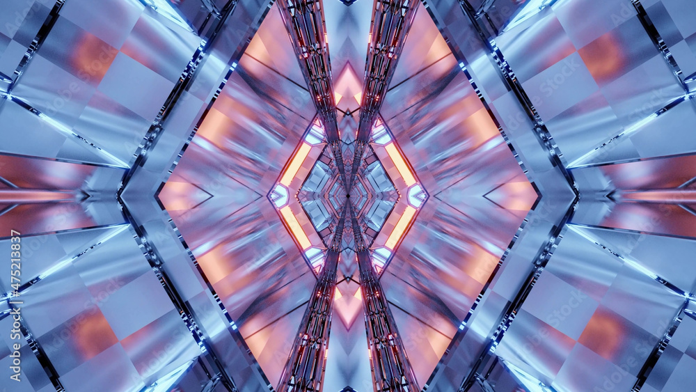 Poster 3d rendering of a futuristic sci-fi hallway towards a portal with colorful neon lights