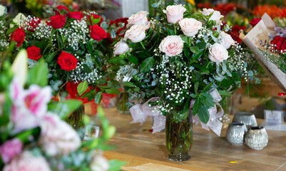 Assortment of bouquets of flowers for sale in the store