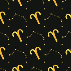Golden Aries zodiac star seamless pattern. Repeating Aries sign with stars design for textile, wallpaper, fabric, decor. Golden space background