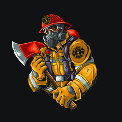 fire fighter with axe illutration vector graphic