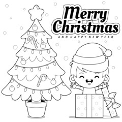 Coloring book for kids. Boy In Gift Box Celebrating Christmas And New Year