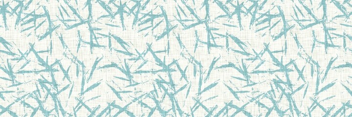 Aegean teal streaked border strip linen texture background. Coastal summer style home decor fabric effect. Sea green wash grunge edge material. Decorative textile mottle seamless pattern banner. 