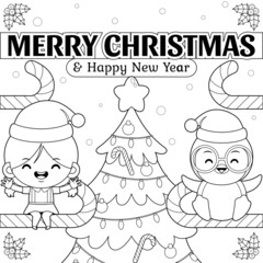 Coloring book for kids. Cute Girl And Penguin Sitting On The Candy Bar Celebrating Christmas And New Year
