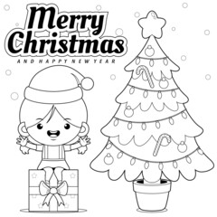 Coloring book for kids. Girl Sitting On Gift Box Celebrating Christmas And New Year
