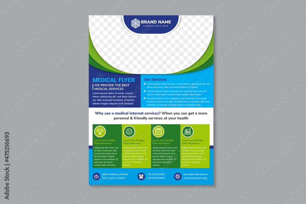 Poster medical flyer design template use vertical layout with white background. multicolored green and blue