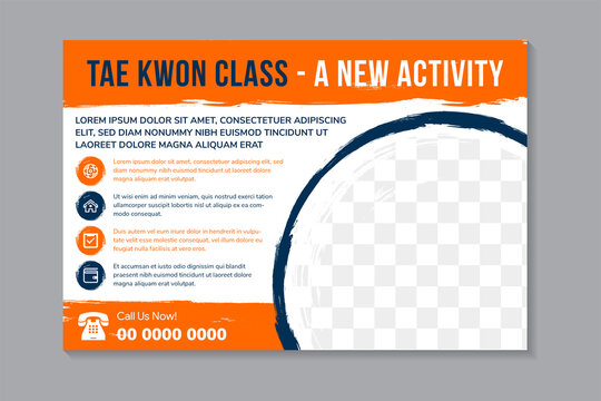 Tae Kwon Do Class, A New Activity Flyer Design Template Use Vertical Layout With White Background. Orange And Blue On Element Design. Quarter Circle Space Of Photo Collage.