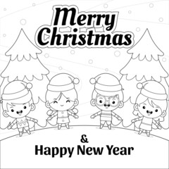 Coloring book for kids. Group Of Kids Celebrating Christmas And New Year