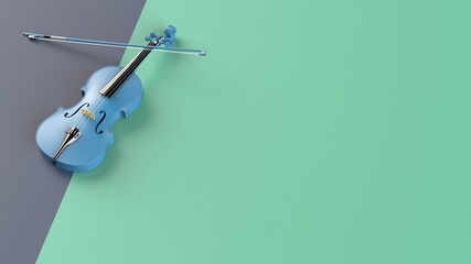 Blue-Gold classic violin on blue-green plane under spot lighting background. 3D sketch design and illustration. 3D high quality rendering.