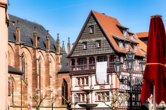 View of the beautiful facdes of the Kartoffelmarkt in Neustadt an der Weinstrasse, Pfalz, Germany