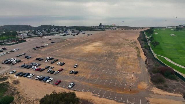 huge parking lot above hill by famous Torrey Pines golf course in La Jolla, California, USA. Aerial view