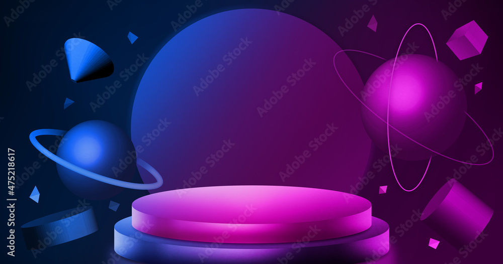 Poster 3d rendering of neon floating geometry and still life displays of planets