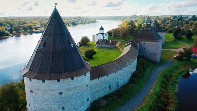 Old Russian fortress. Ancient fortress on the coast of Volkhov river in the town of Staraya Ladoga (Old Ladoga) in Russia. Aerial view of the ancient fortress.