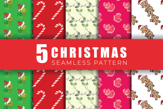 Christmas 5 sets seamless pattern, watercolor digital paper vector illustration design 