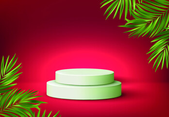 light red and dark red Background Studio, with a Round Podium and tropical leaves - Vectoral illustration