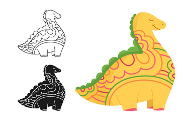 Dino prehistoric character cartoon or stamp, doodle outline set. Reptile dinosaur childish illustration. Wildlife funny dinosaurus. Kids design animals for fabric, textile, stencil stain, print vector