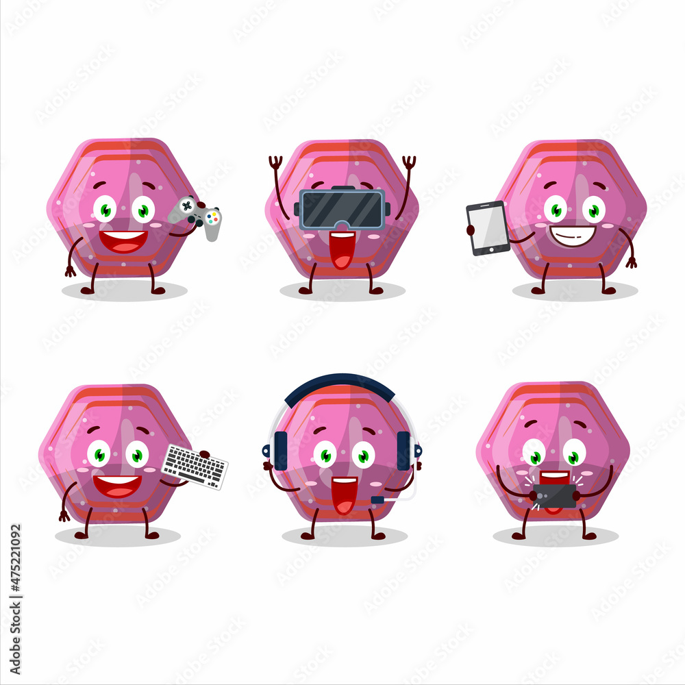 Sticker Pink gummy candy j cartoon character are playing games with various cute emoticons