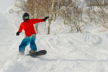 Fototapeta na wymiar Snowboarder in powder snow Hakuba Japan