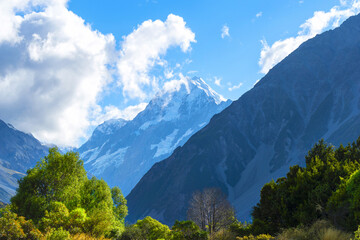 Panoramic View of Aoraki or Mount Cook National Park in the Canterbury Region of South Island, New Zealand; Aoraki or Mount Cook is the highest mountain in New Zealand