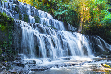 Panoramic View of Purakaunaui Waterfalls, South Island New Zealand