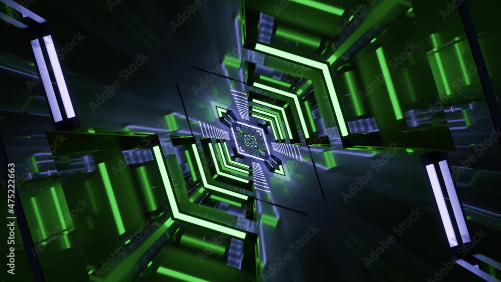 Poster 3d rendering of futuristic kaleidoscopic patterns background in vibrant blue and green colors