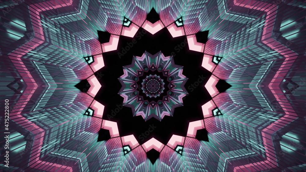 Poster 3d rendering of futuristic kaleidoscopic patterns background in pink and green colors
