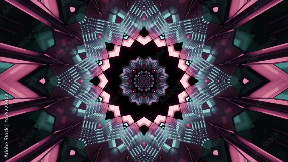 Poster 3d rendering of futuristic kaleidoscopic patterns background in pink and black colors
