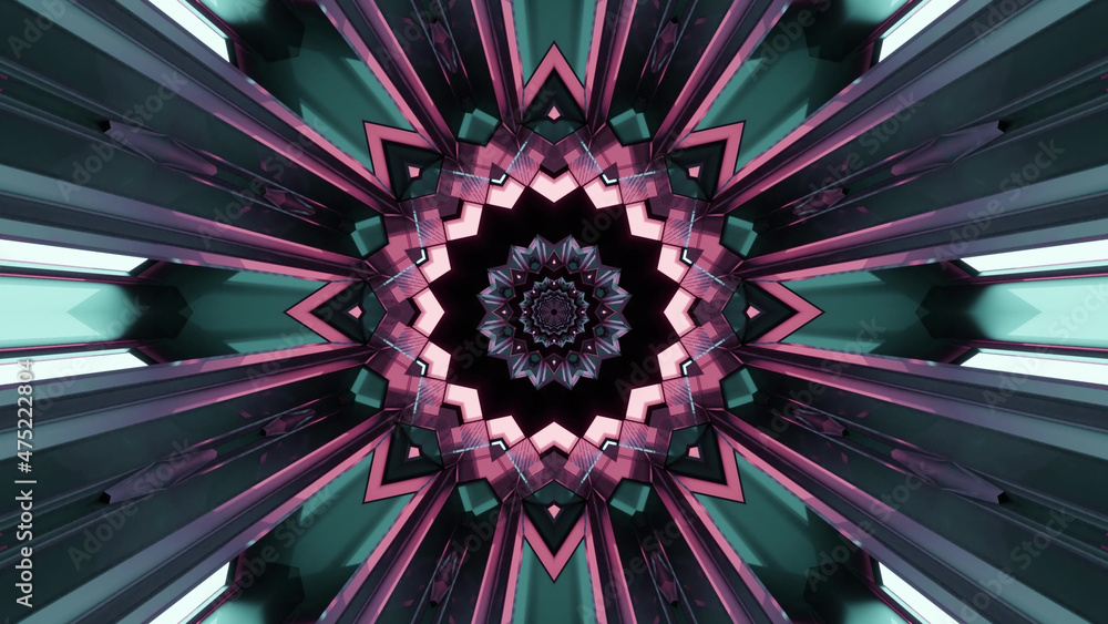 Poster 3d rendering of futuristic kaleidoscopic patterns background in pink and green colors