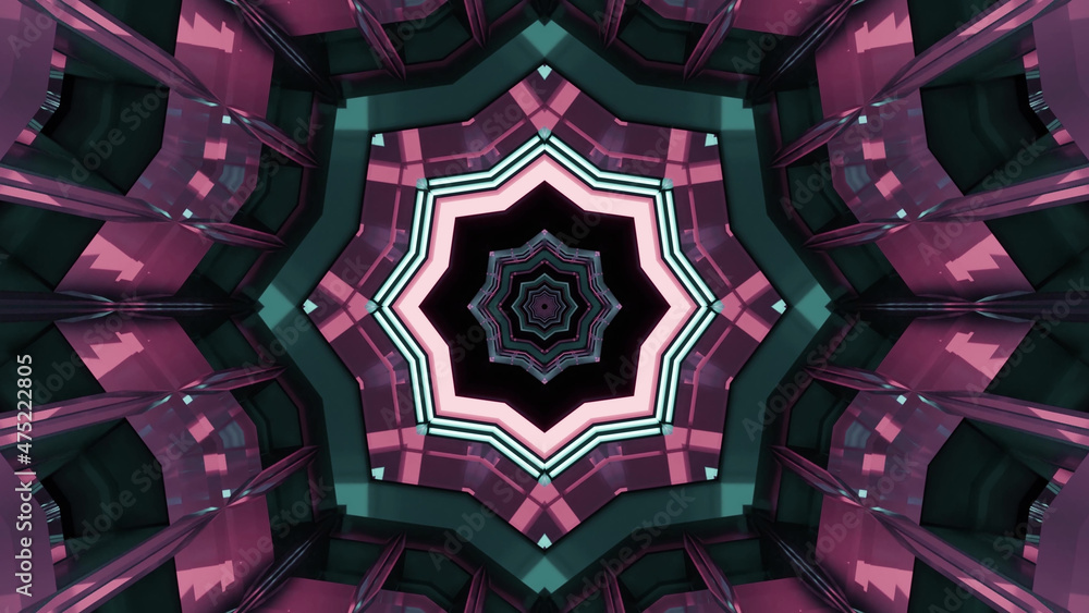 Poster 3d rendering of futuristic kaleidoscopic patterns background in pink and green colors