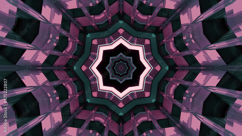 Poster 3d rendering of futuristic kaleidoscopic patterns background in pink and green colors